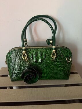 Croc-Embossed Patent Satchel in Green with Floral Charm